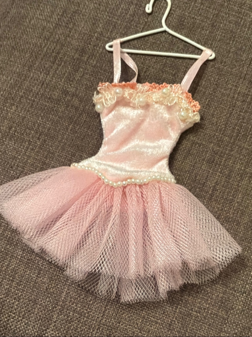 Christmas Ornament Pink Ballet Tutu Dress with Pearl Trim on white Hanger
